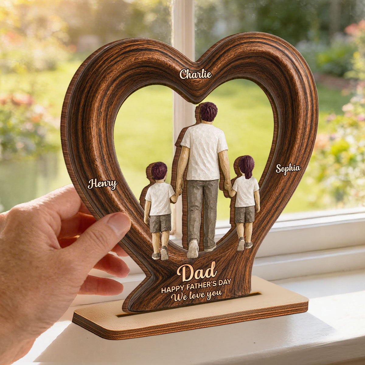 Sentimental Rustic Dad And Kids Walking In Heart 2D Flat - Personalized 2-Layered Wooden Plaque -  Gift For Dad, Husband