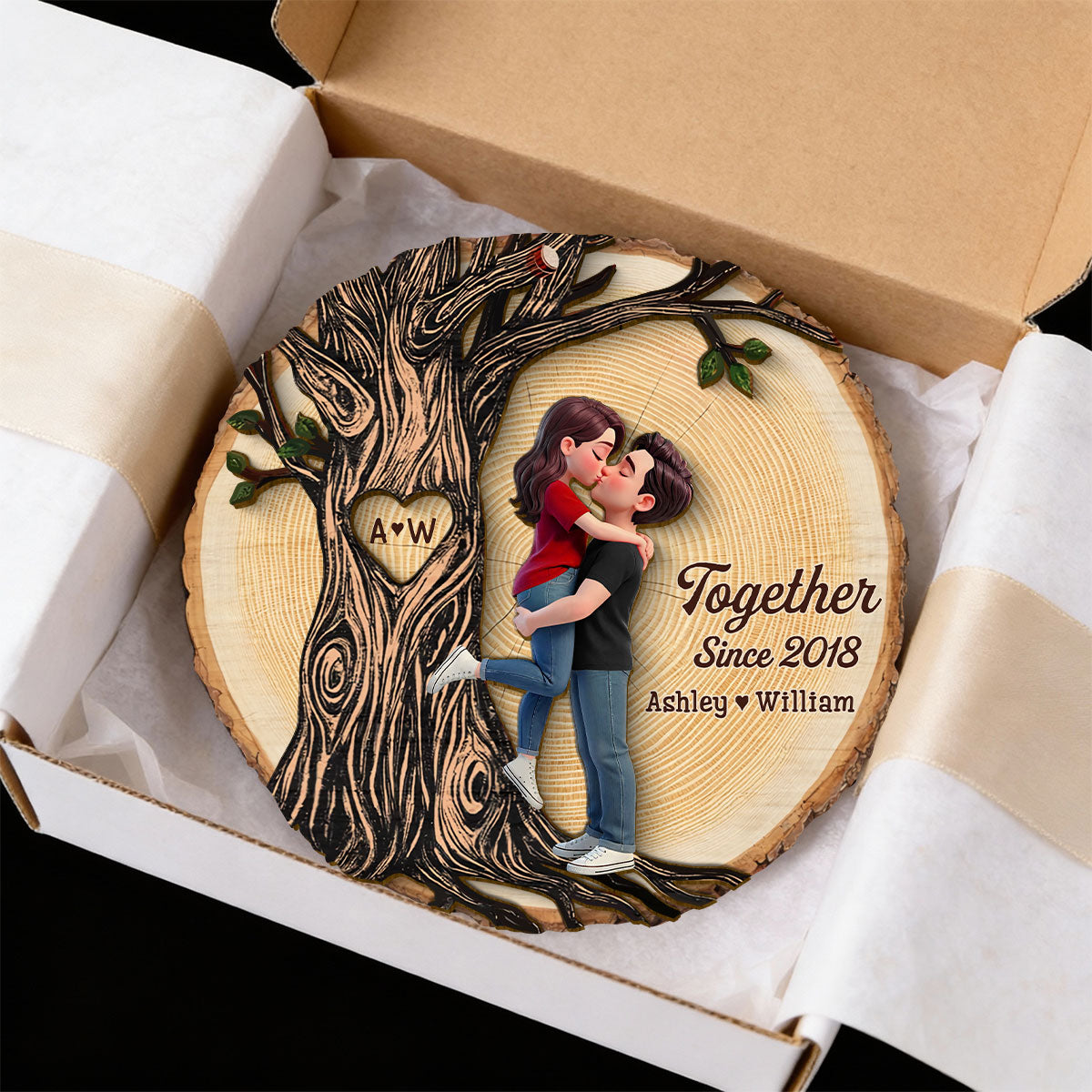 Couple Hugging Kissing Beside Eternal Tree Of Love - Personalized 2-Layered Wooden Plaque - Gift For Couple