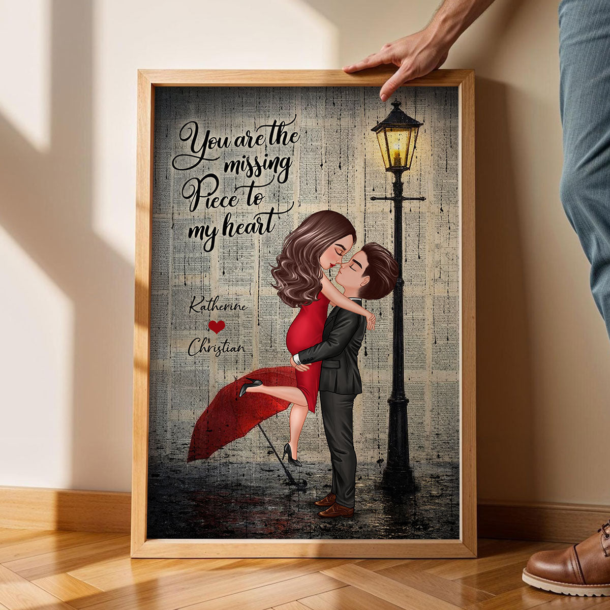 Vintage Newspaper Couple Hugging Kissing Under Lamp Post - Personalized Poster