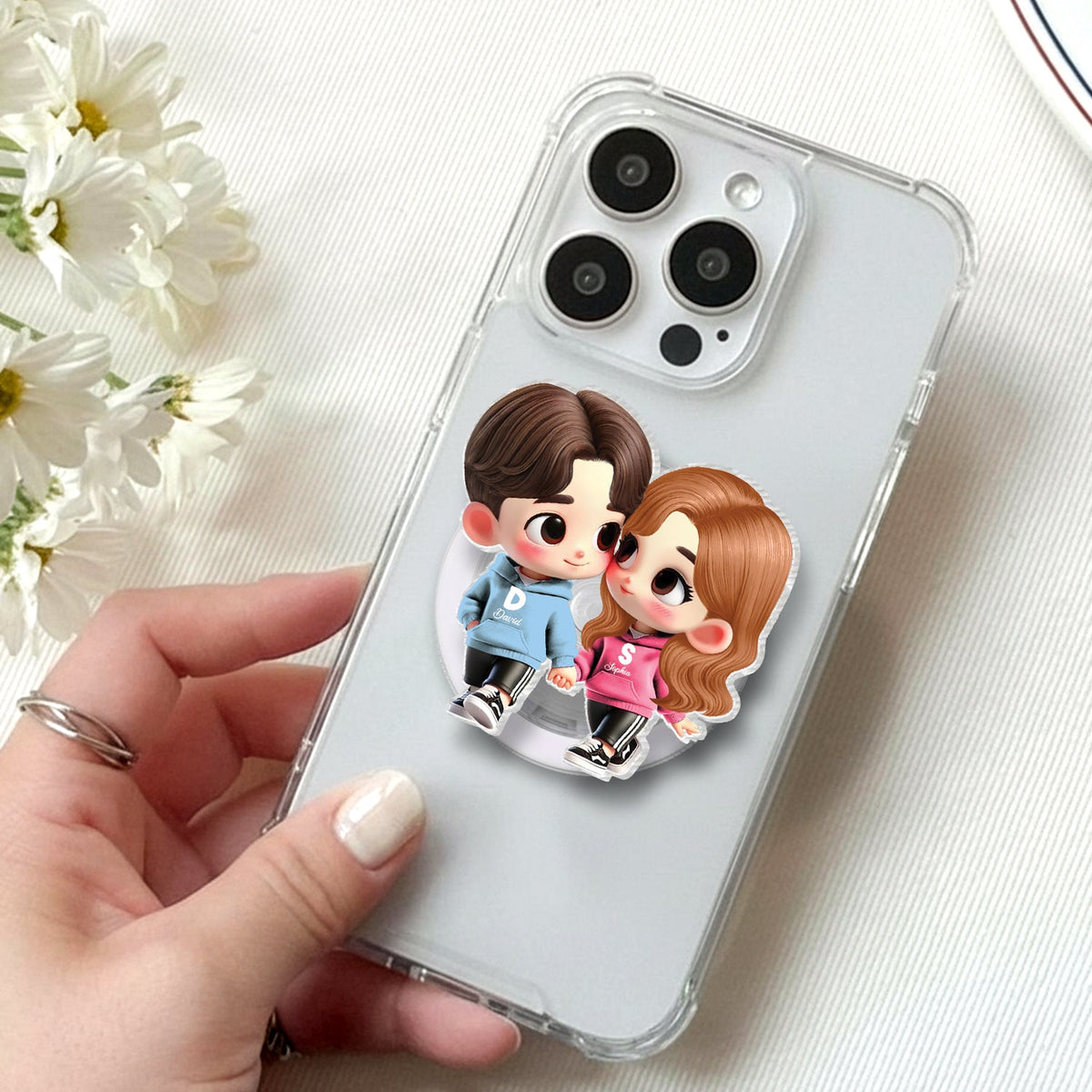 3D Effect Cute Cartoon Couple Holding Hands - Personalized Acrylic Magnetic Phone Grip - Matching Phone Grips for Couples