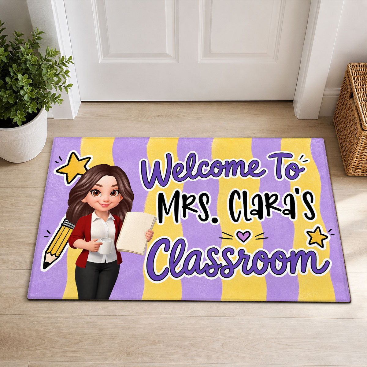 Striped Teacher Welcome To Classroom - Personalized Doormat - Back To School Gift, Classroom Decoration