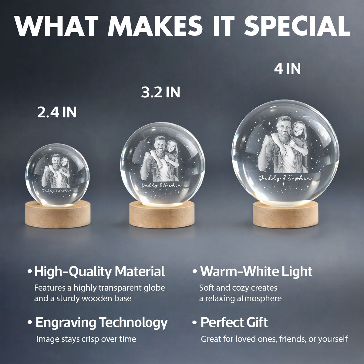 Dad And Kid Custom Upload Photo - Personalized Crystal Ball LED Night Light -  Gift For Dad