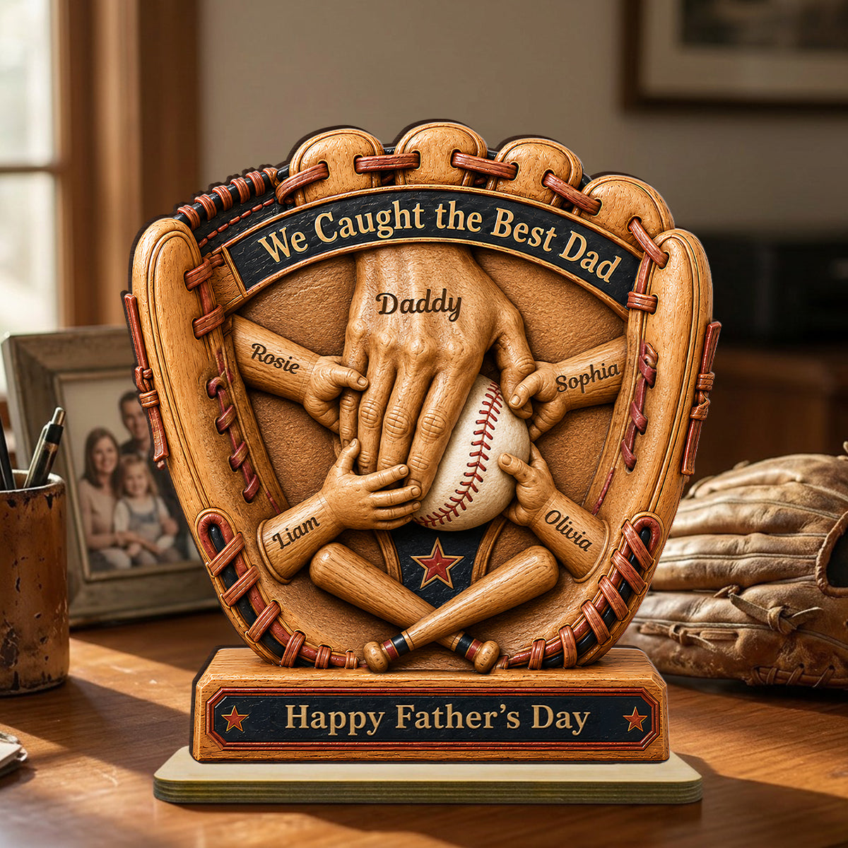 Baseball Glove Dad & Kids' Hands - Personalized 2-Layered Wooden Plaque -  Gift For Dad, Husband