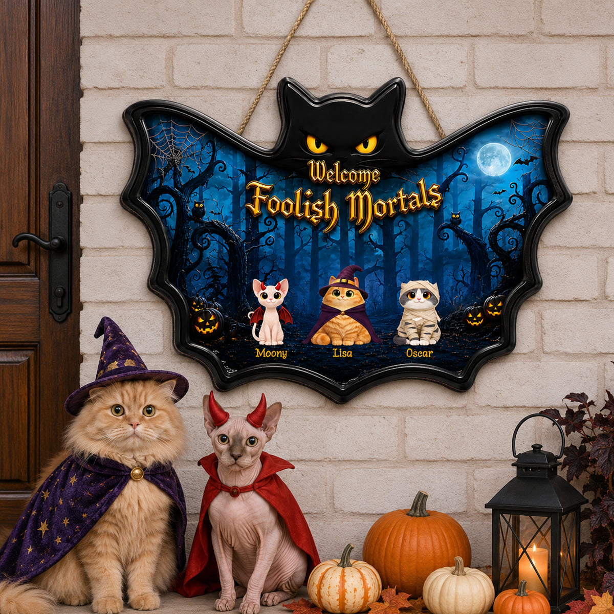 Welcome Foolish Mortals Cats Halloween - Personalized Door Sign - Halloween Decor Gift, Gift For Cat Lovers