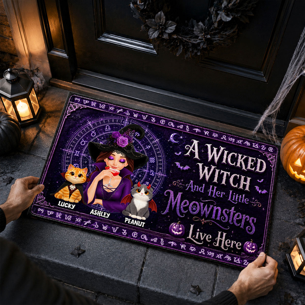 A Wicked Witch And Her Little Meownsters Live Here - Personalized Doormat - Halloween Decor Gift, Gift For Cat Lovers