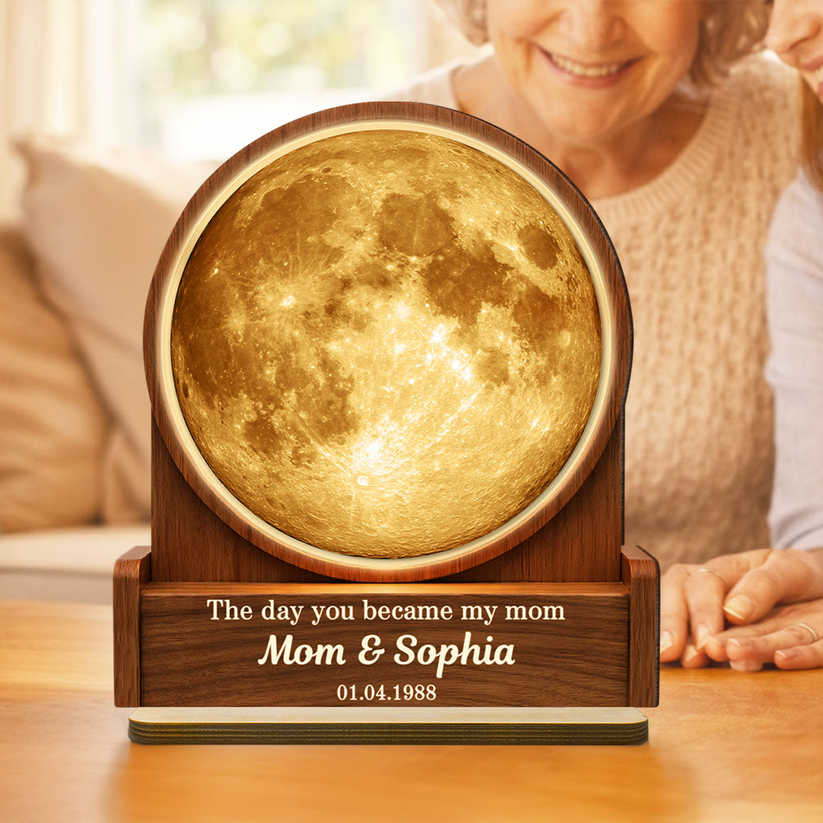 The Day You Became My Mom Custom Moon Phase by Date - Personalized 2-Layered Wooden Plaque - Heartfelt Gift for Mom
