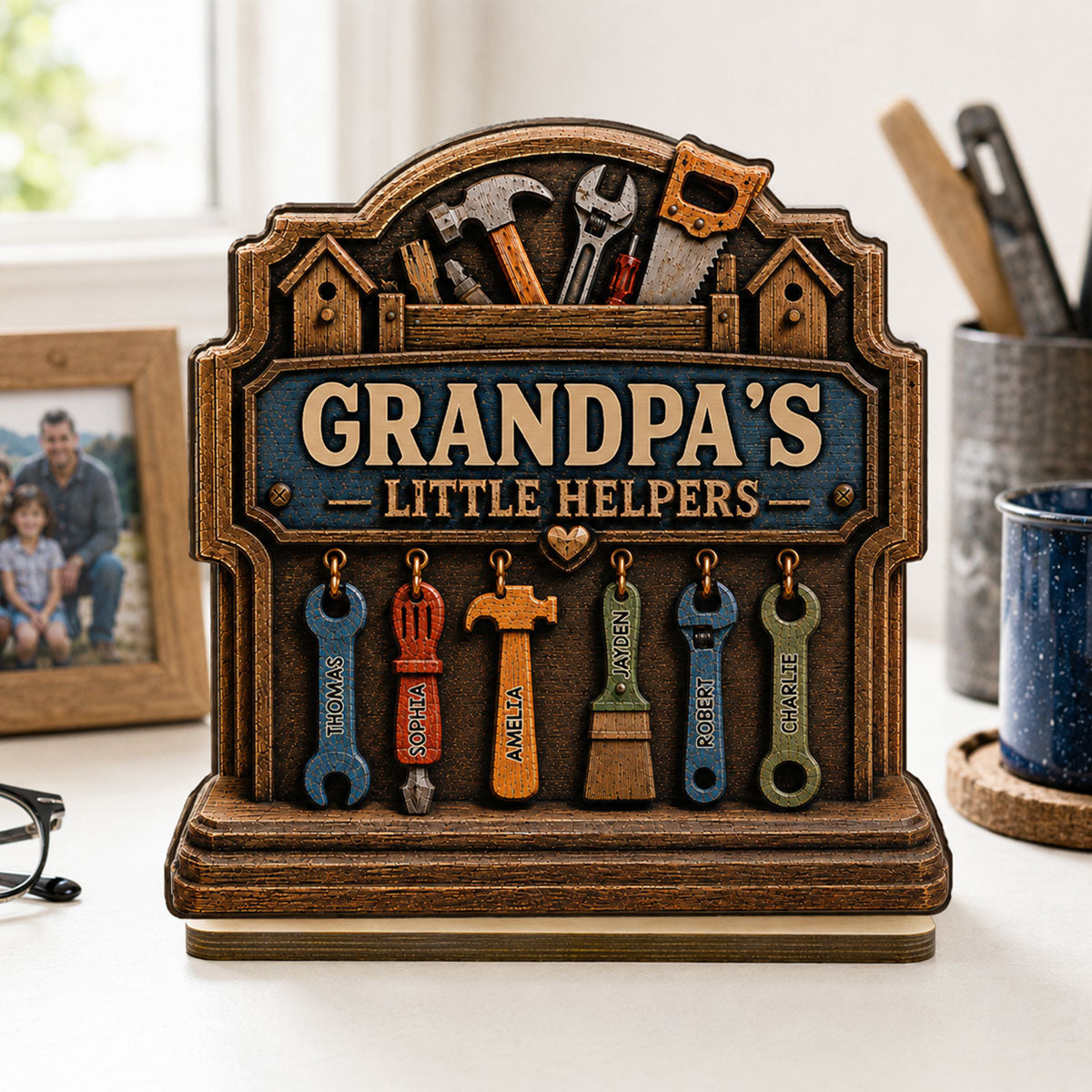Grandpa's Little Helpers - Personalized 2-Layered Wooden Plaque -  Gift For Dad, Husband, Grandpa