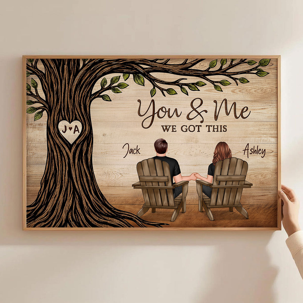 Couple Sitting Under Heart Carved Tree - Personalized Poster - Valentine's Day Gift For Couple
