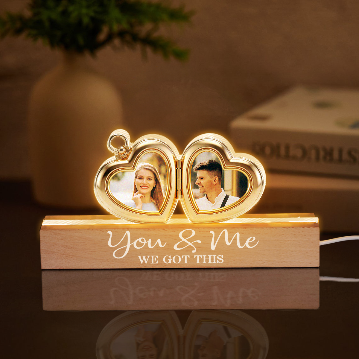 Hearts Locket Couple Photo - Personalized Acrylic Block Plaque LED Night Light - Valentine's Day Gift For Couple