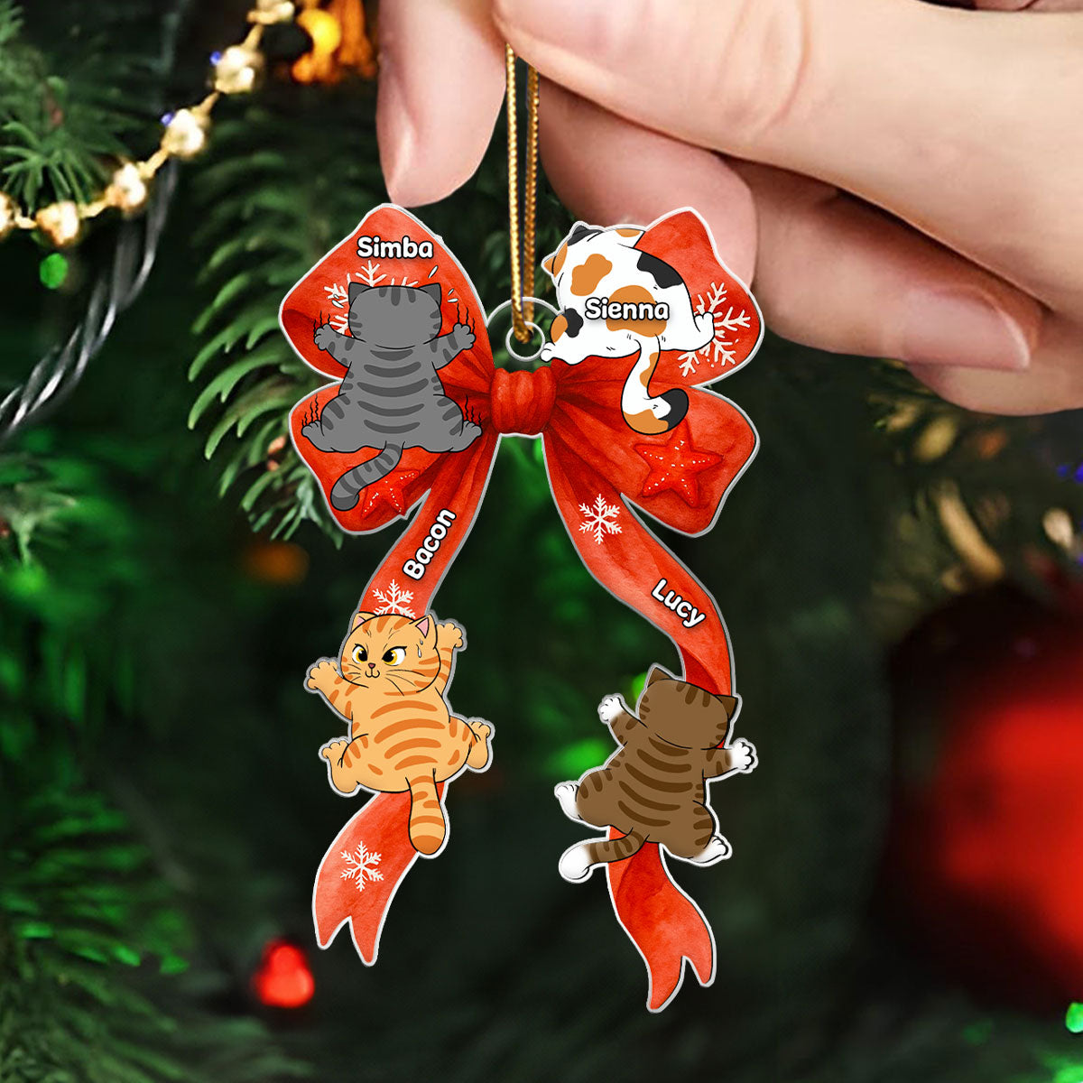 Cat Climbing Christmas Coquette - Personalized Acrylic Ornament - Christmas Gift for Cat Lovers