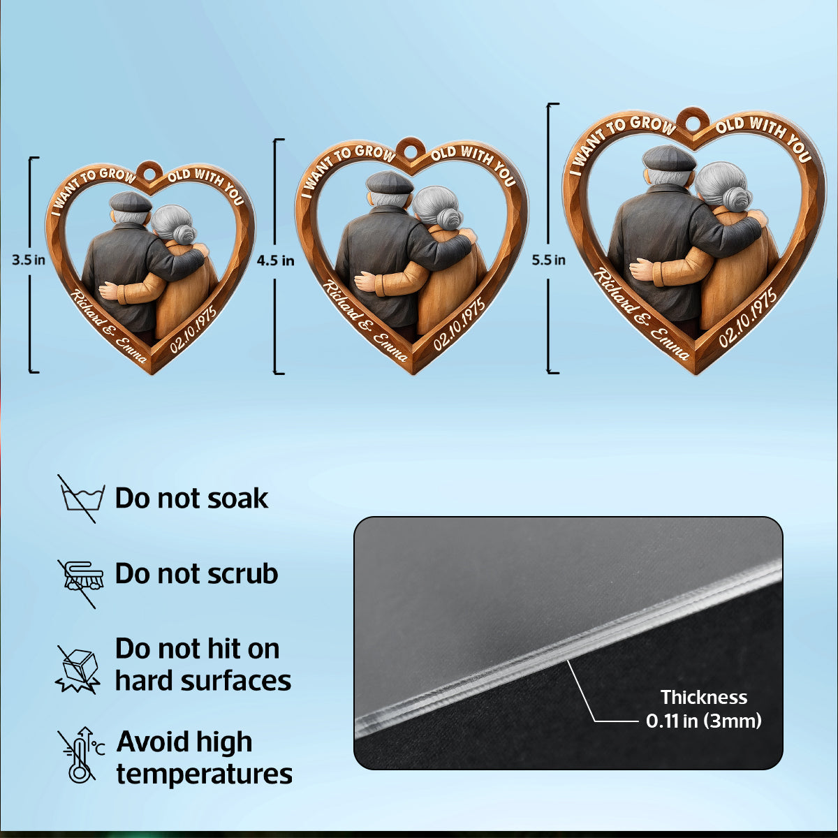 3D Effect Wooden Couple Growing Old Together - Personalized Acrylic Ornament - Christmas Gift for Couples