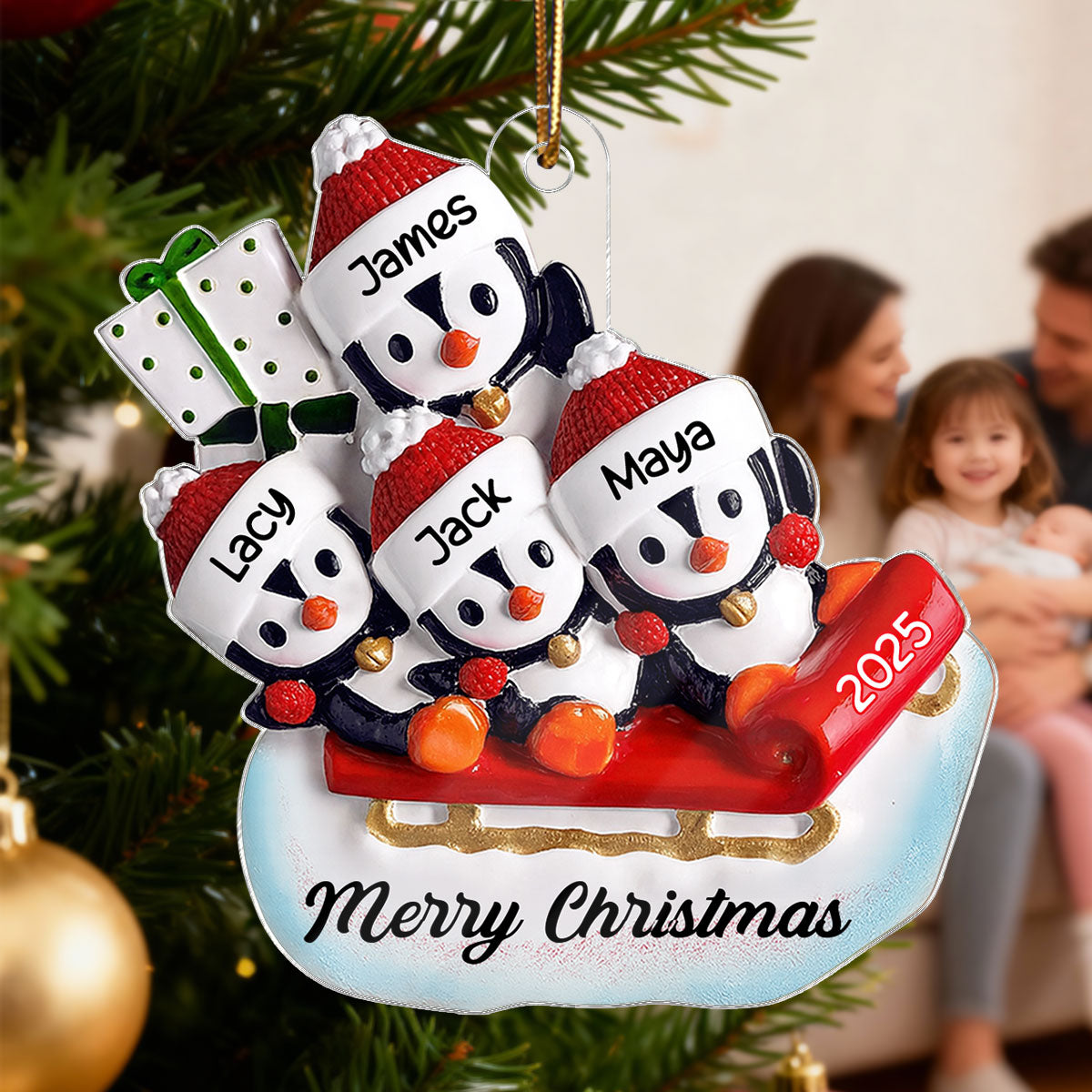 3D Effect Penguin Family On Sled - Personalized Acrylic Ornament