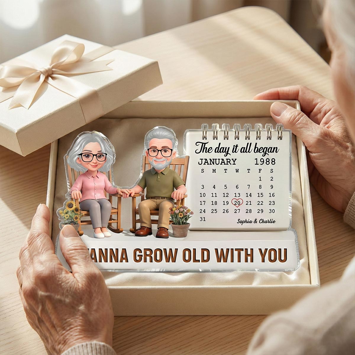 Old Couple Sitting On Rocking Chair Anniversary Date Calendar 2D Flat - Personalized Acrylic Block Plaque