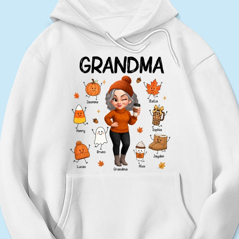 Fall Season Grandma Custom Grandkids Doodle Fall Symbols - Personalized Shirt - Fall Gift For Grandma