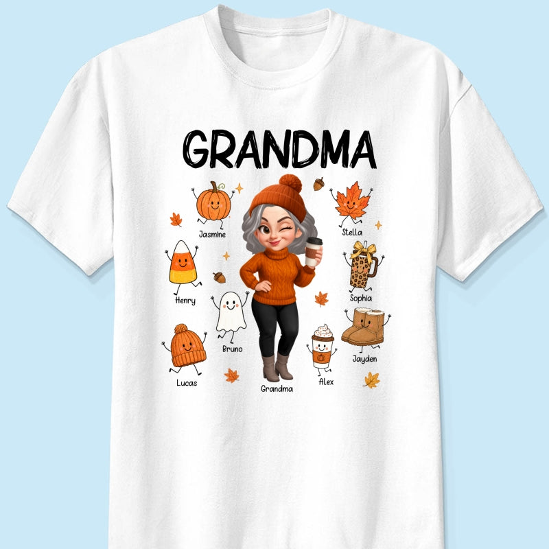 Fall Season Grandma Custom Grandkids Doodle Fall Symbols - Personalized Shirt - Fall Gift For Grandma