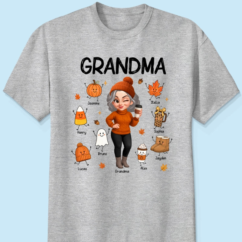 Fall Season Grandma Custom Grandkids Doodle Fall Symbols - Personalized Shirt - Fall Gift For Grandma