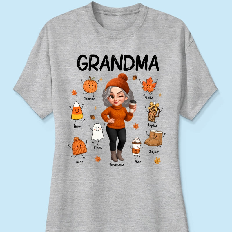 Fall Season Grandma Custom Grandkids Doodle Fall Symbols - Personalized Shirt - Fall Gift For Grandma