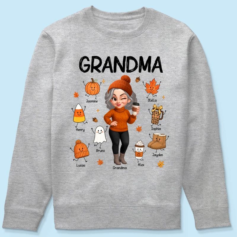 Fall Season Grandma Custom Grandkids Doodle Fall Symbols - Personalized Shirt - Fall Gift For Grandma