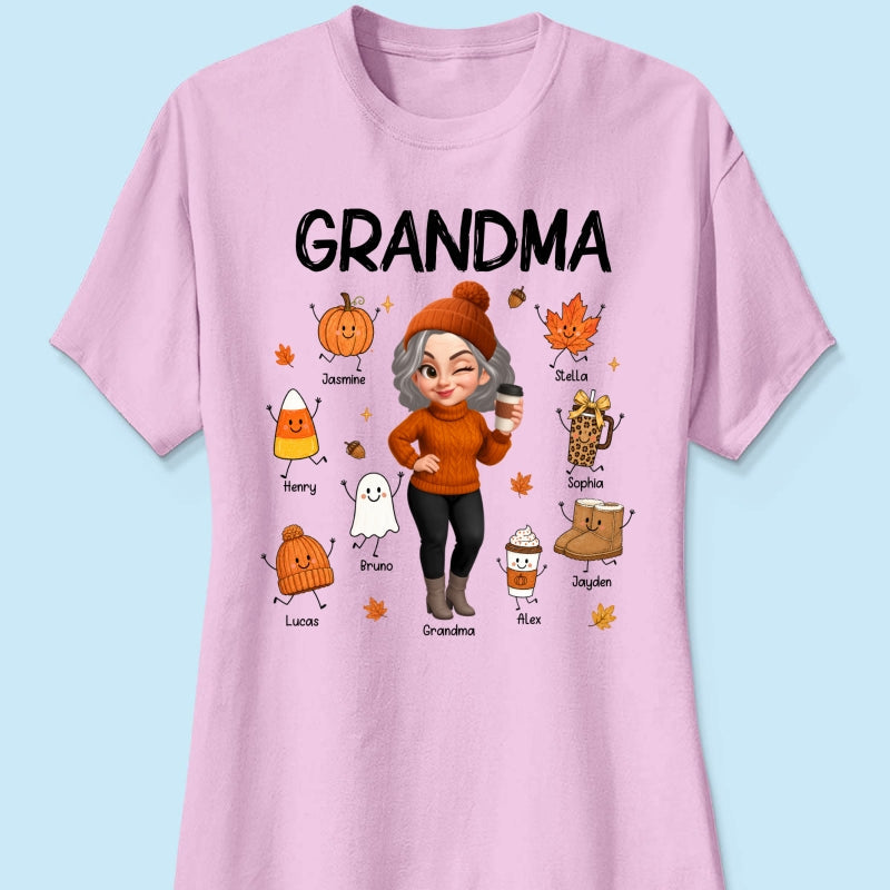 Fall Season Grandma Custom Grandkids Doodle Fall Symbols - Personalized Shirt - Fall Gift For Grandma