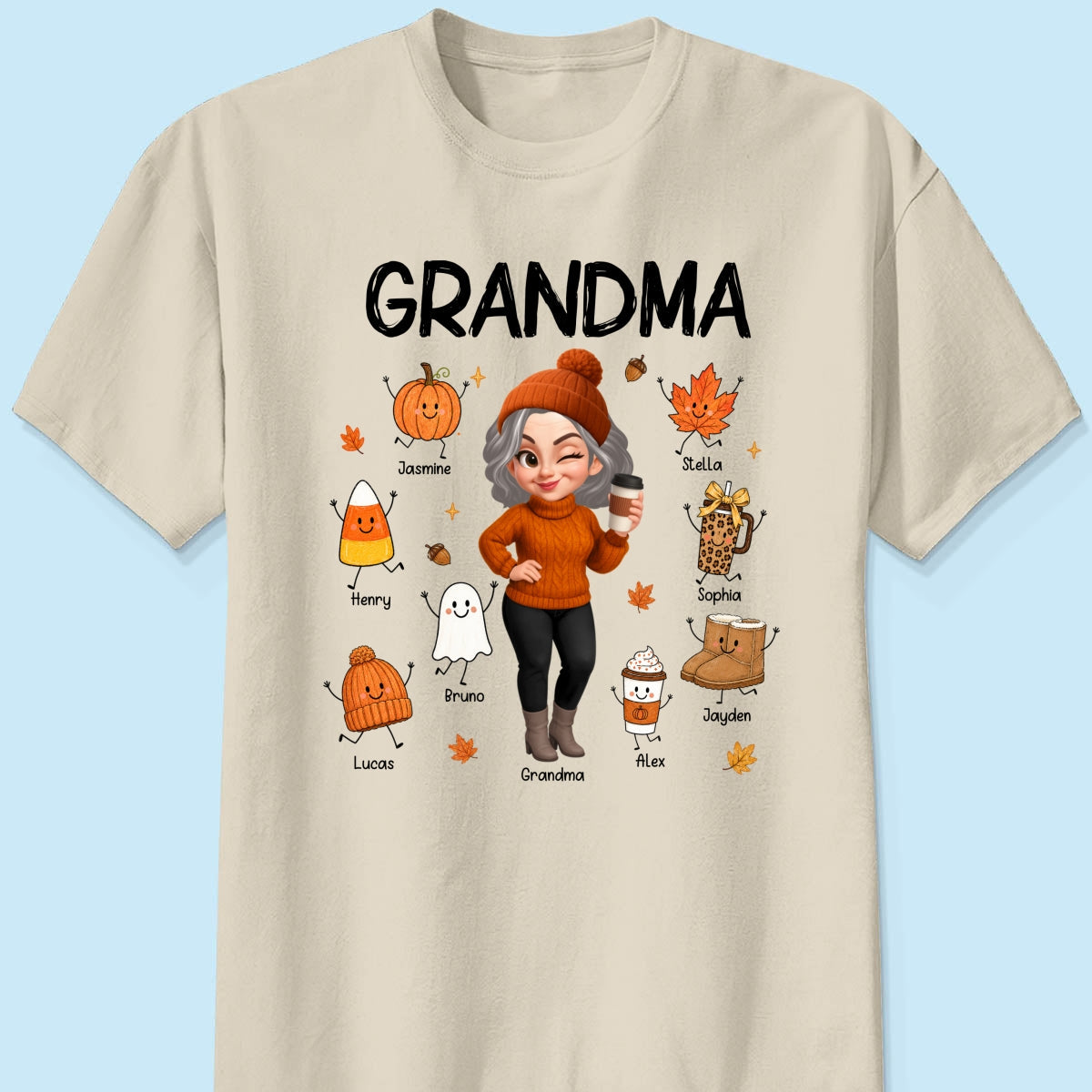 Fall Season Grandma Custom Grandkids Doodle Fall Symbols - Personalized Shirt - Fall Gift For Grandma