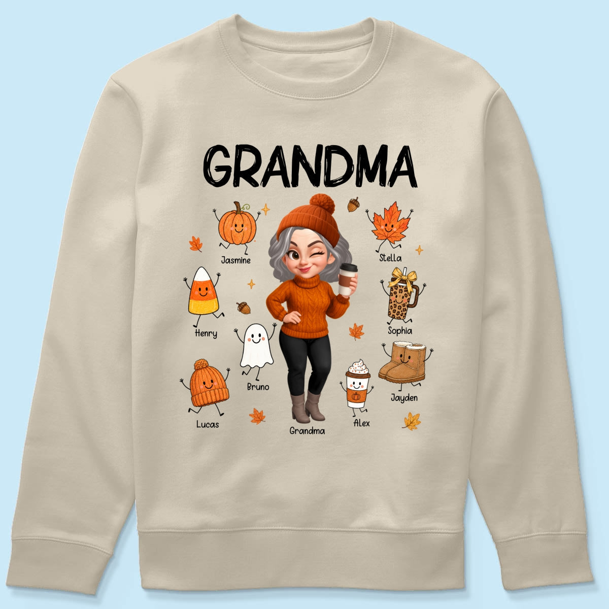 Fall Season Grandma Custom Grandkids Doodle Fall Symbols - Personalized Shirt - Fall Gift For Grandma
