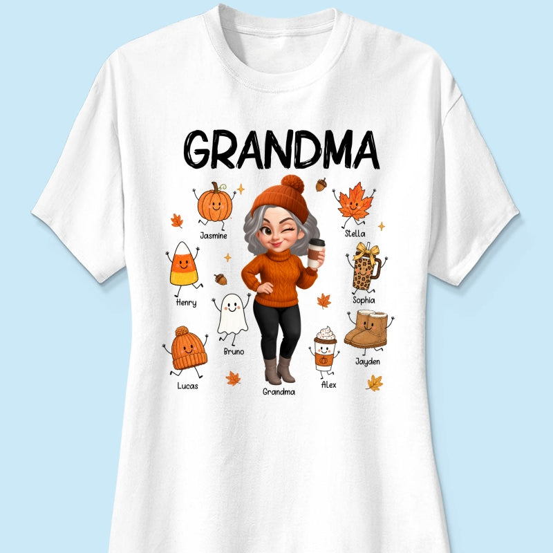 Fall Season Grandma Custom Grandkids Doodle Fall Symbols - Personalized Shirt - Fall Gift For Grandma
