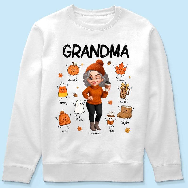 Fall Season Grandma Custom Grandkids Doodle Fall Symbols - Personalized Shirt - Fall Gift For Grandma