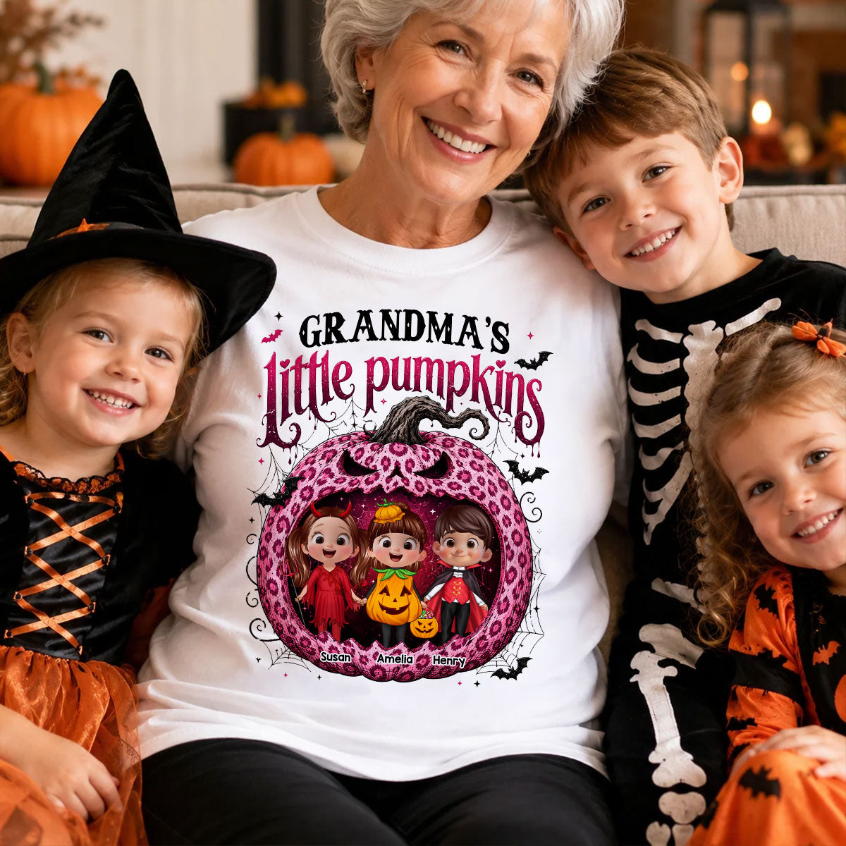 Grandma's Little Pumpkins Jack O Lantern - Personalized Shirt - Trendy Halloween Tee for Grandma