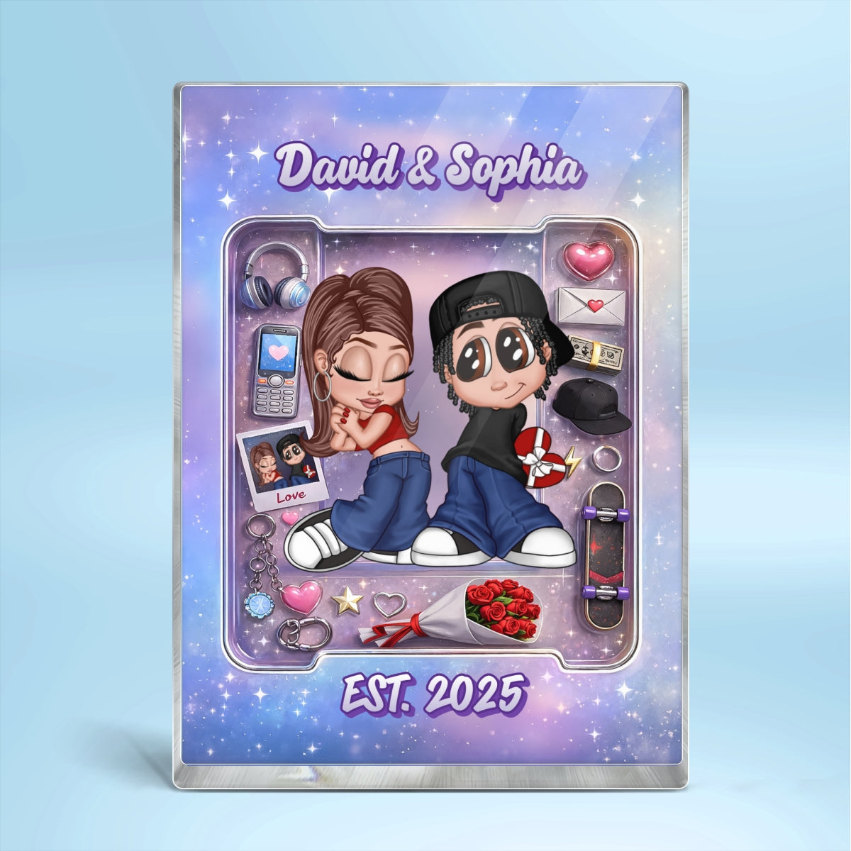 Y2K Couple Pink Toy Box With Accessories - Personalized Acrylic Block - Gift for Couple