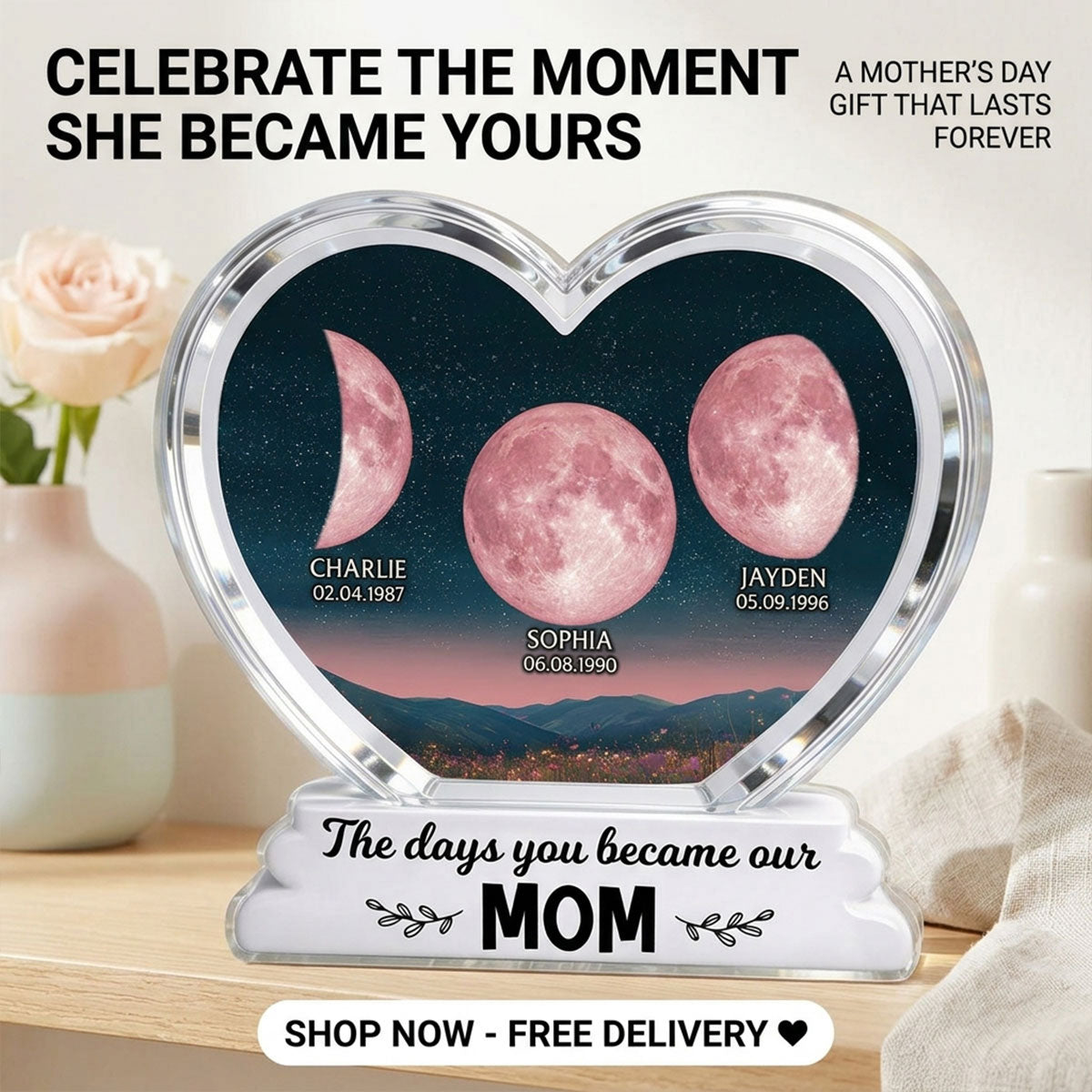 The Days You Became Our Mom Grandma Floral Custom Birth Moon Phase 2D Flat - Personalized Acrylic Block Plaque - Mother's Day Gift For Mom, Grandma