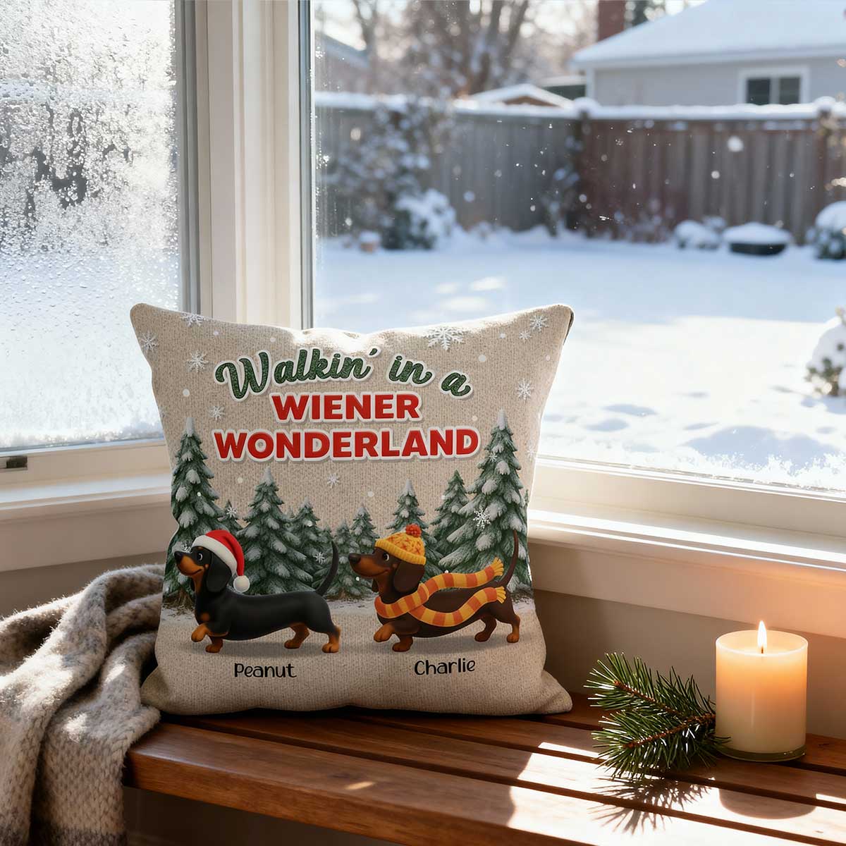 Christmas Dachshunds Walking In A Wiener Wonderland - Personalized Pillow - Gift For Dachshund Lovers