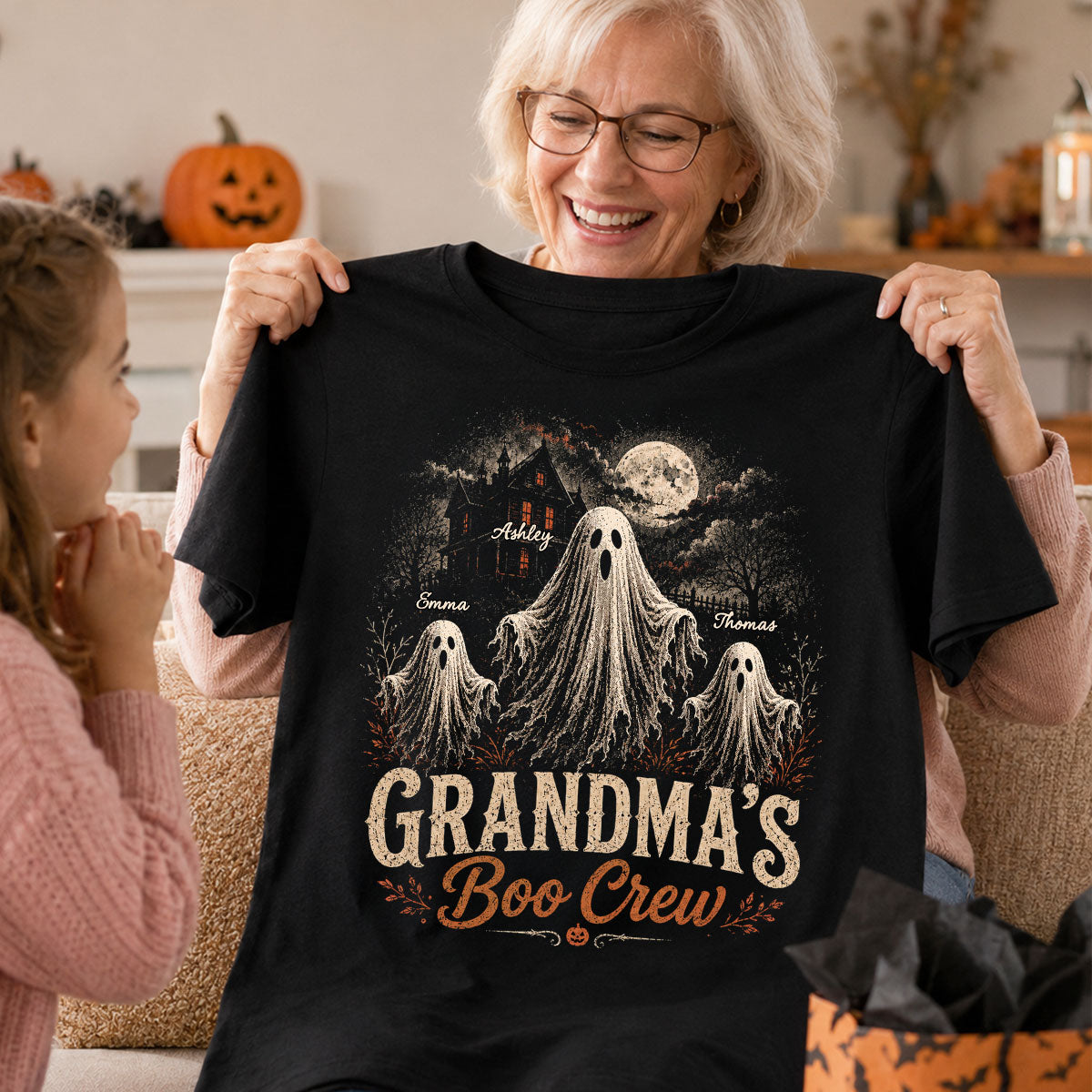 Grandma's Boo Crew Haunted House - Personalized Shirt - Halloween Trendy Tee for Grandma