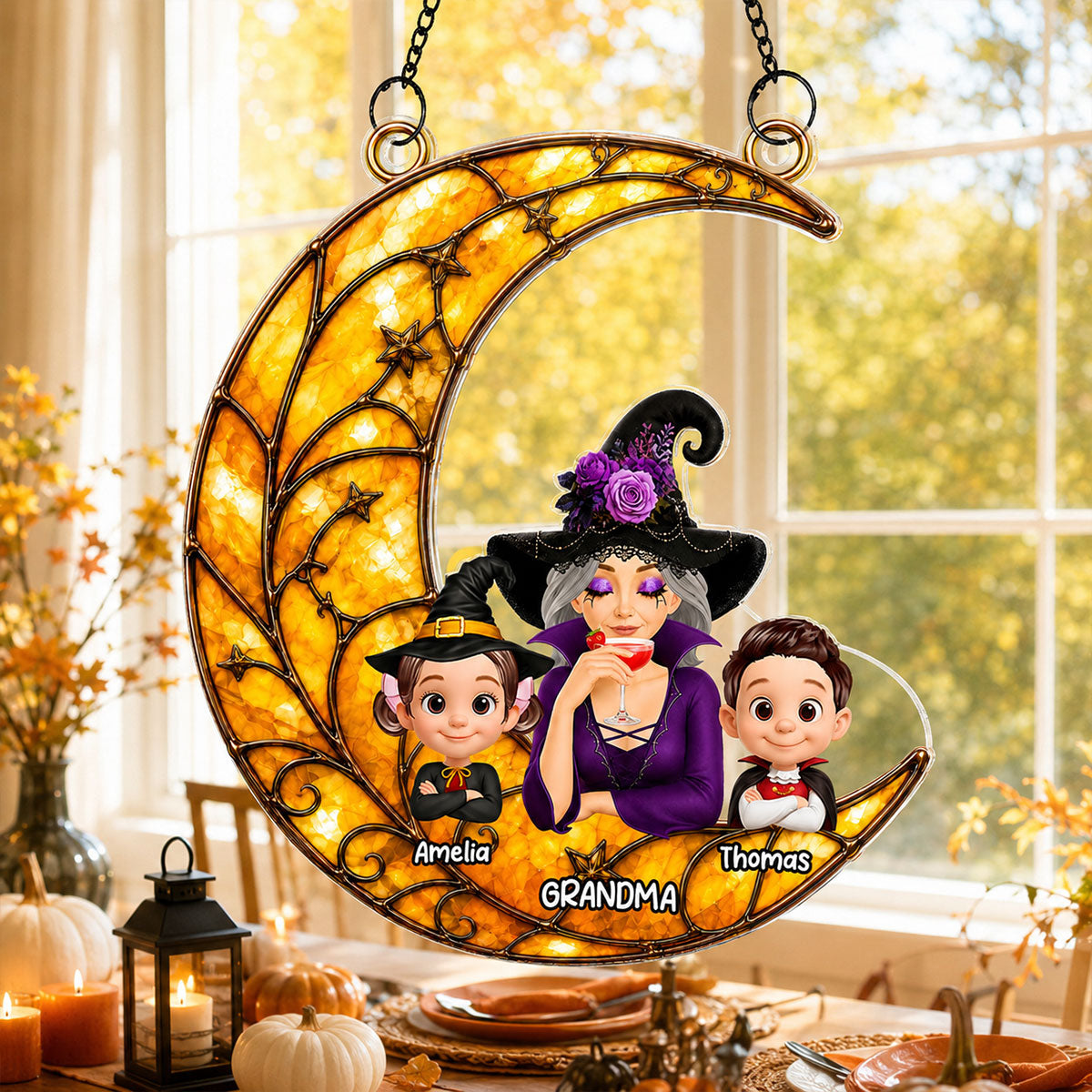 Halloween Moon Grandma Witch Grandkids - Personalized Acrylic Window Hanging - Halloween Gift For Grandma