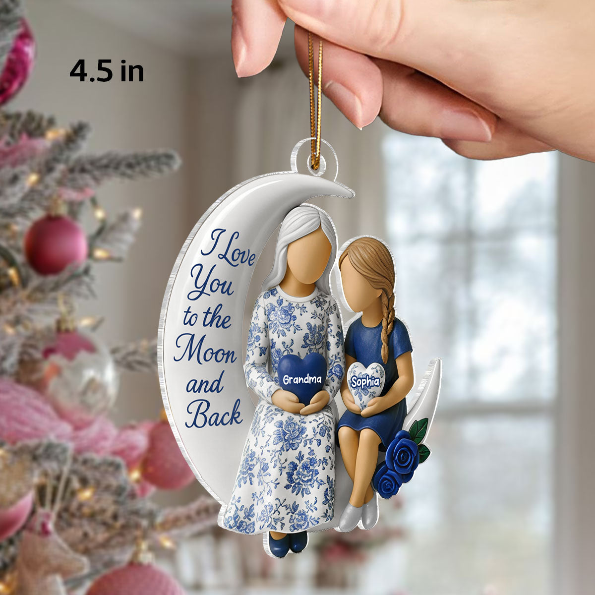 3D Effect Toile De Jouy Pattern Grandma Grandkid On Moon - Personalized Acrylic Ornament - Gift For Granddaughter