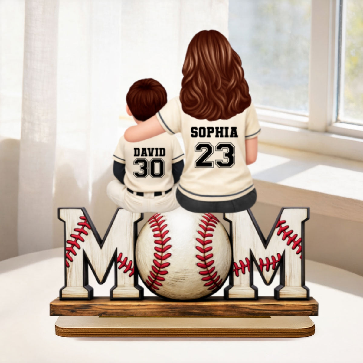 Baseball Mom and Kids Sitting Back View - Personalized 2-Layered Wooden Plaque - Heartfelt Gift for Mom