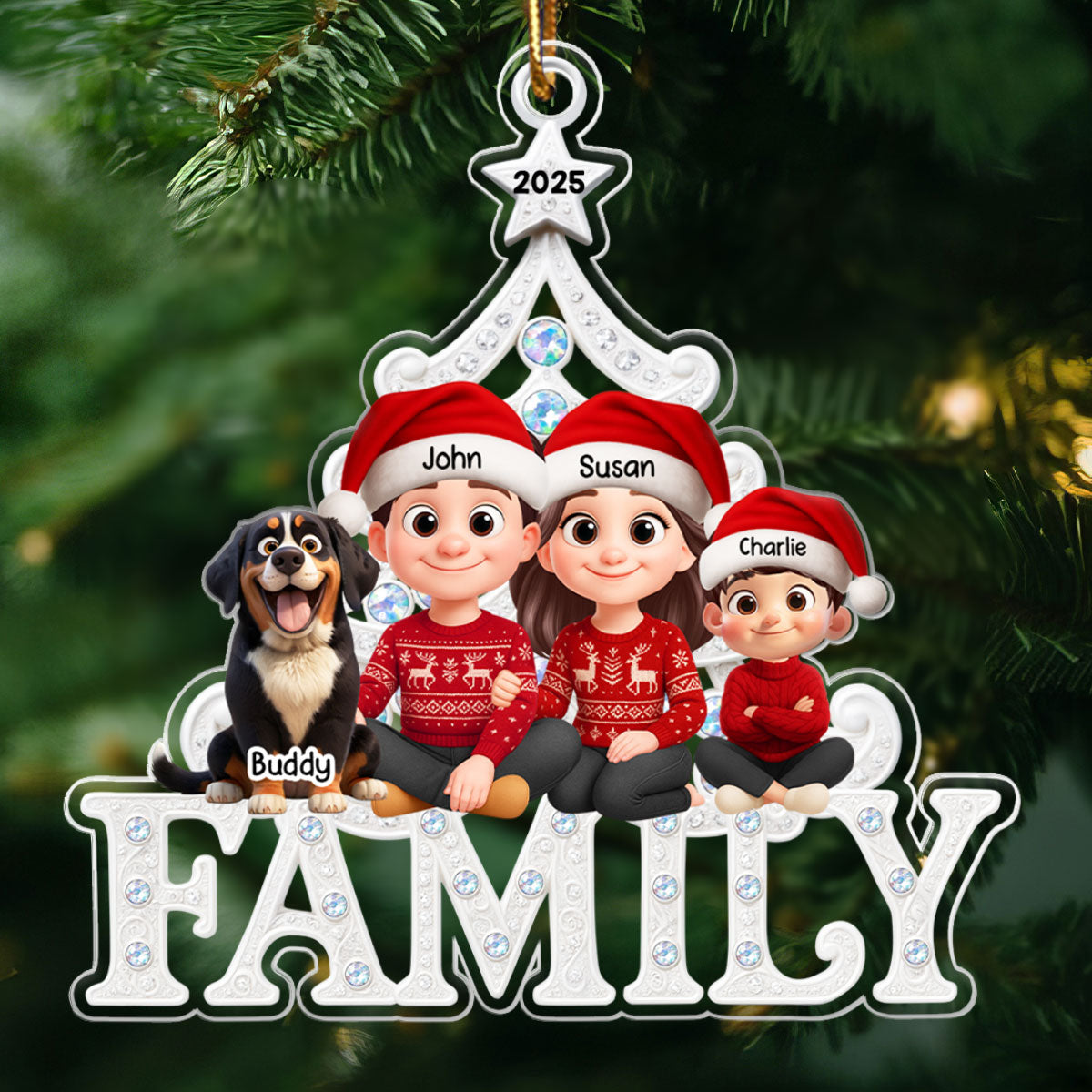 Family Sitting Metallic Mix Crystal Effect - Personalized Acrylic Ornament - Christmas Gift for Family