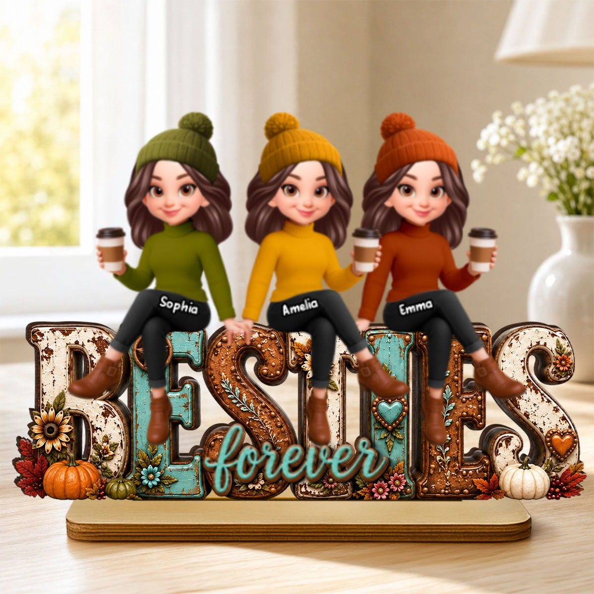 Western Besties Cozy Fall Vibe - Personalized 2-Layered Wooden Plaque - Fall Gift for Best Friends