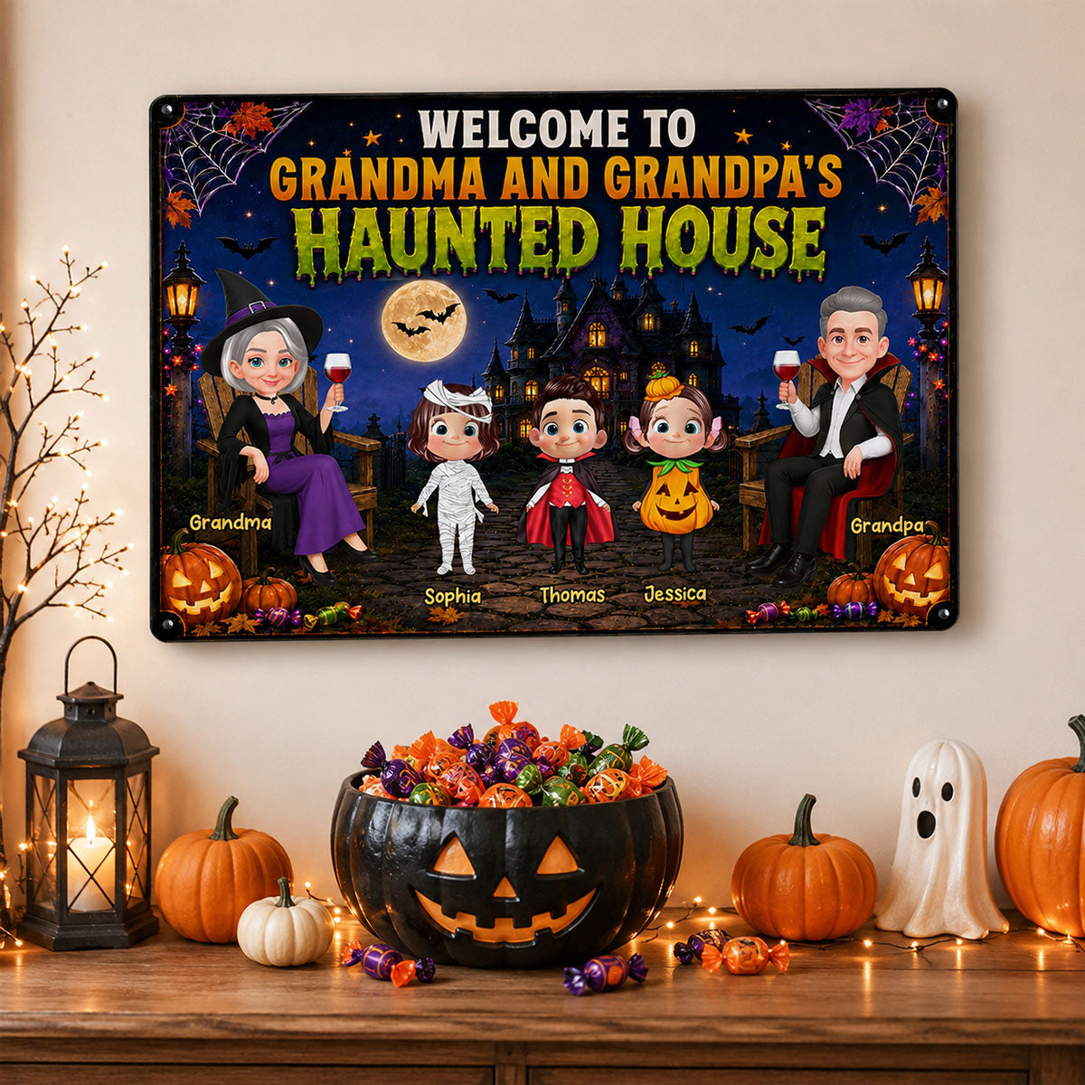 Whimsical Grandma & Grandpa's Haunted House With Grandkids - Personalized Metal Sign - Halloween Decoration For Grandparents