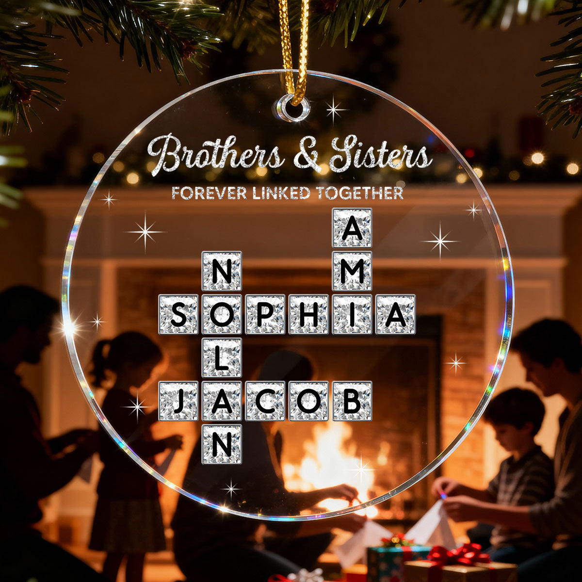 3D Shining Effect Brothers Sisters Crossword Puzzle Art - Personalized Acrylic Ornament - Christmas Gift For Siblings, Brothers, Sisters