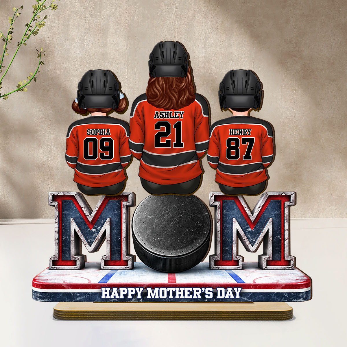 Hockey Mom And Kids Sitting Together - Personalized 2-Layered Wooden Plaque - Mother's Day Gift For Hockey Mom