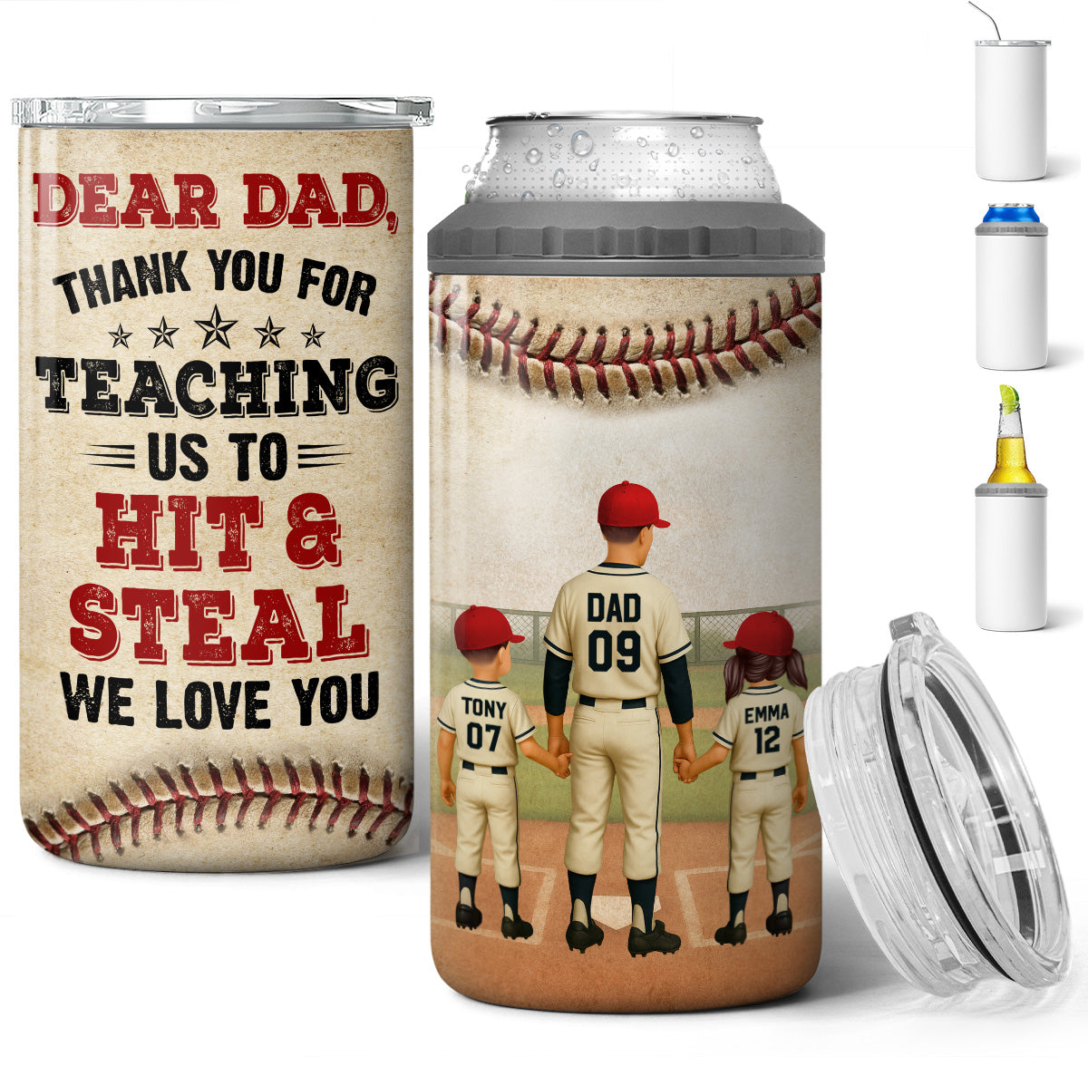 Thank You For Teaching Us To Hit & Steal Baseball Dad & Kids - Personalized Can Cooler - Father's Day Gift For Dad, Husband