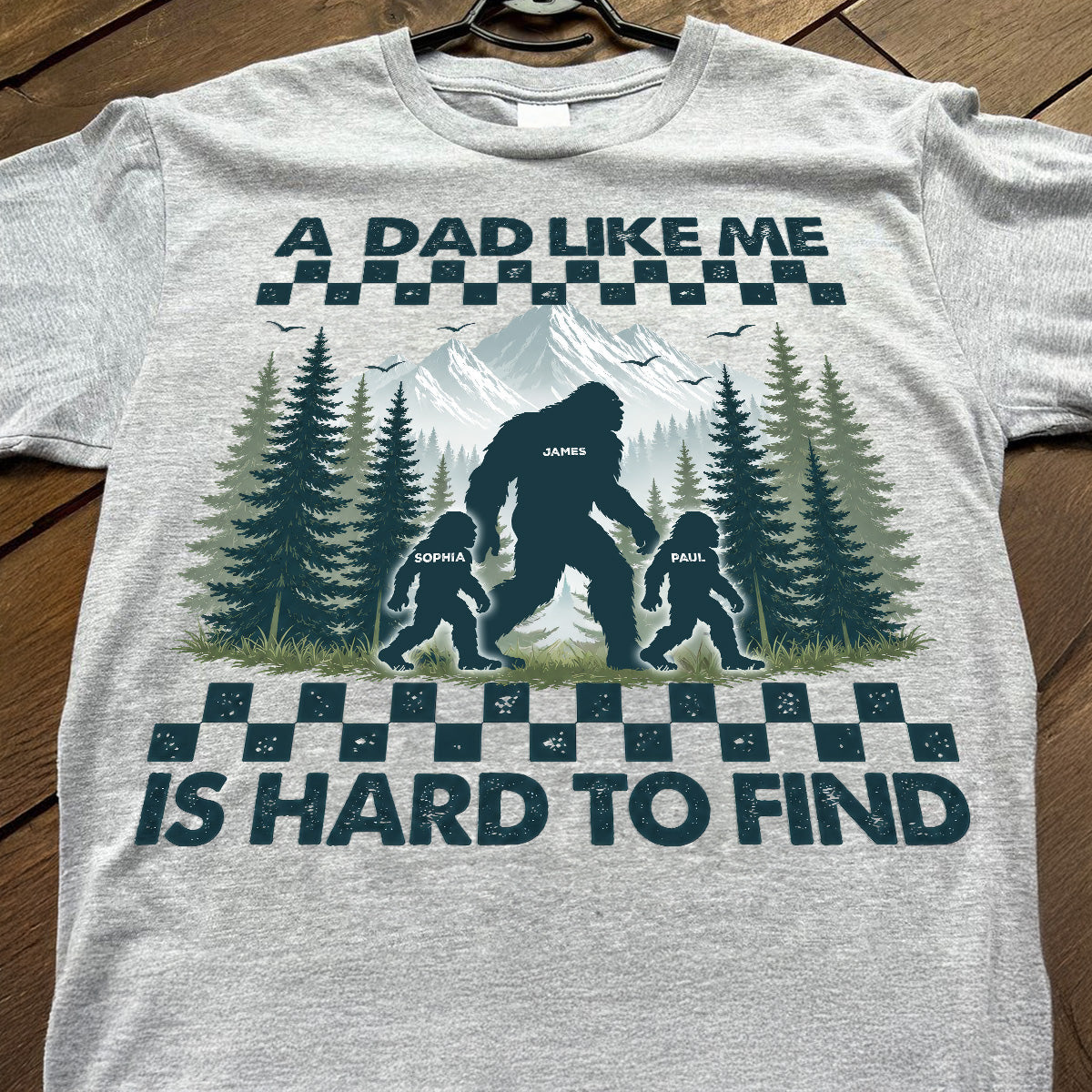 Retro Funny Bigfoot Dad With Kids Names - Personalized Shirt - Father's Day Gift for Dad