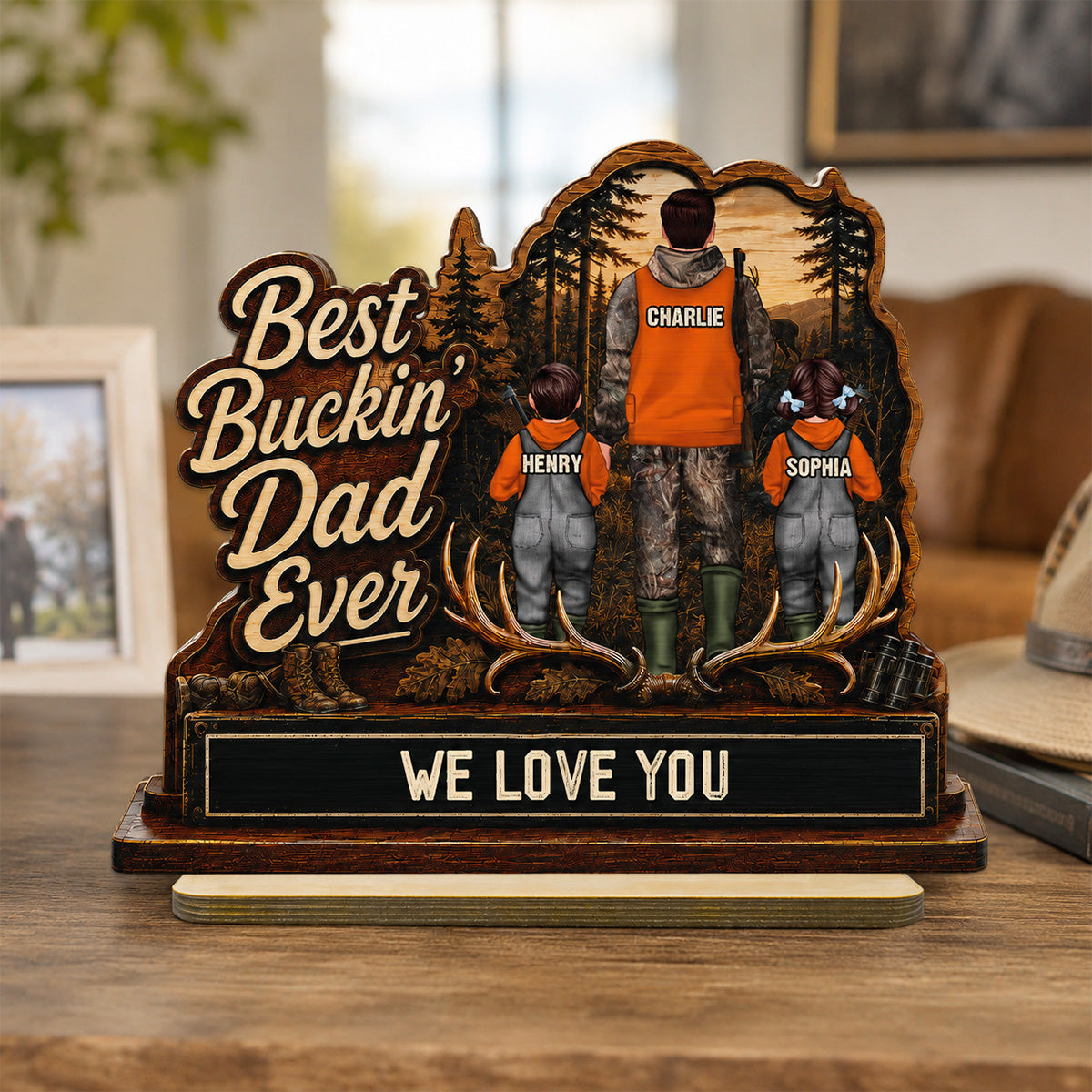 Best Buckin' Dad Papa Ever Hunting Man & Kids 2D Flat - Personalized 2-Layered Wooden Plaque -  Gift For Hunting Dad, Grandpa