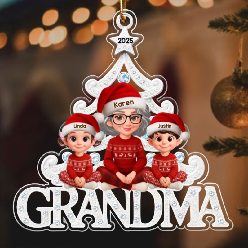 Grandma Grandkids Sitting Metallic Crystal Effect - Personalized Acrylic Ornament - Christmas Gift for Grandma