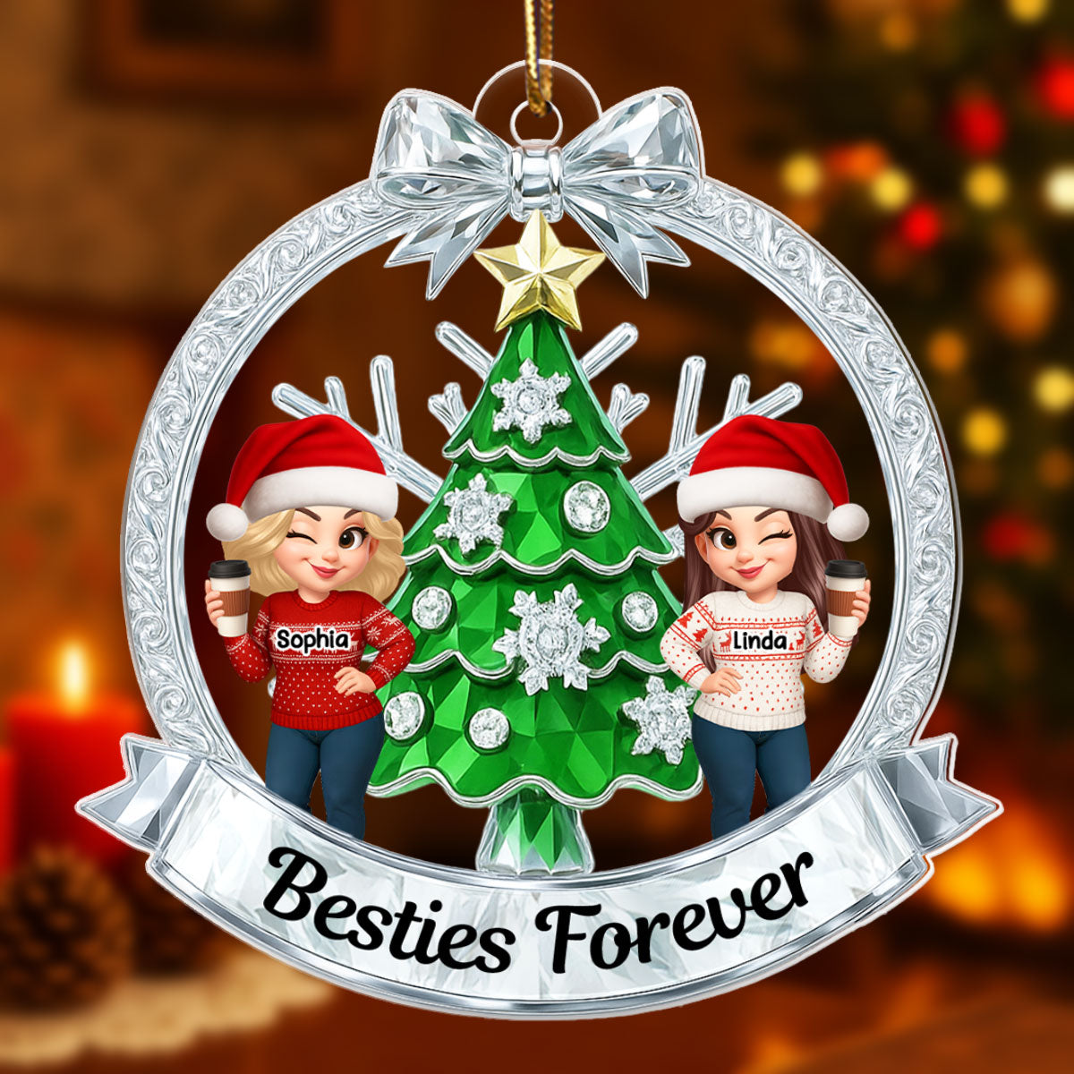 Besties on Crystal Effect Wreath - Personalized Acrylic Ornament - Christmas Gift for Besties