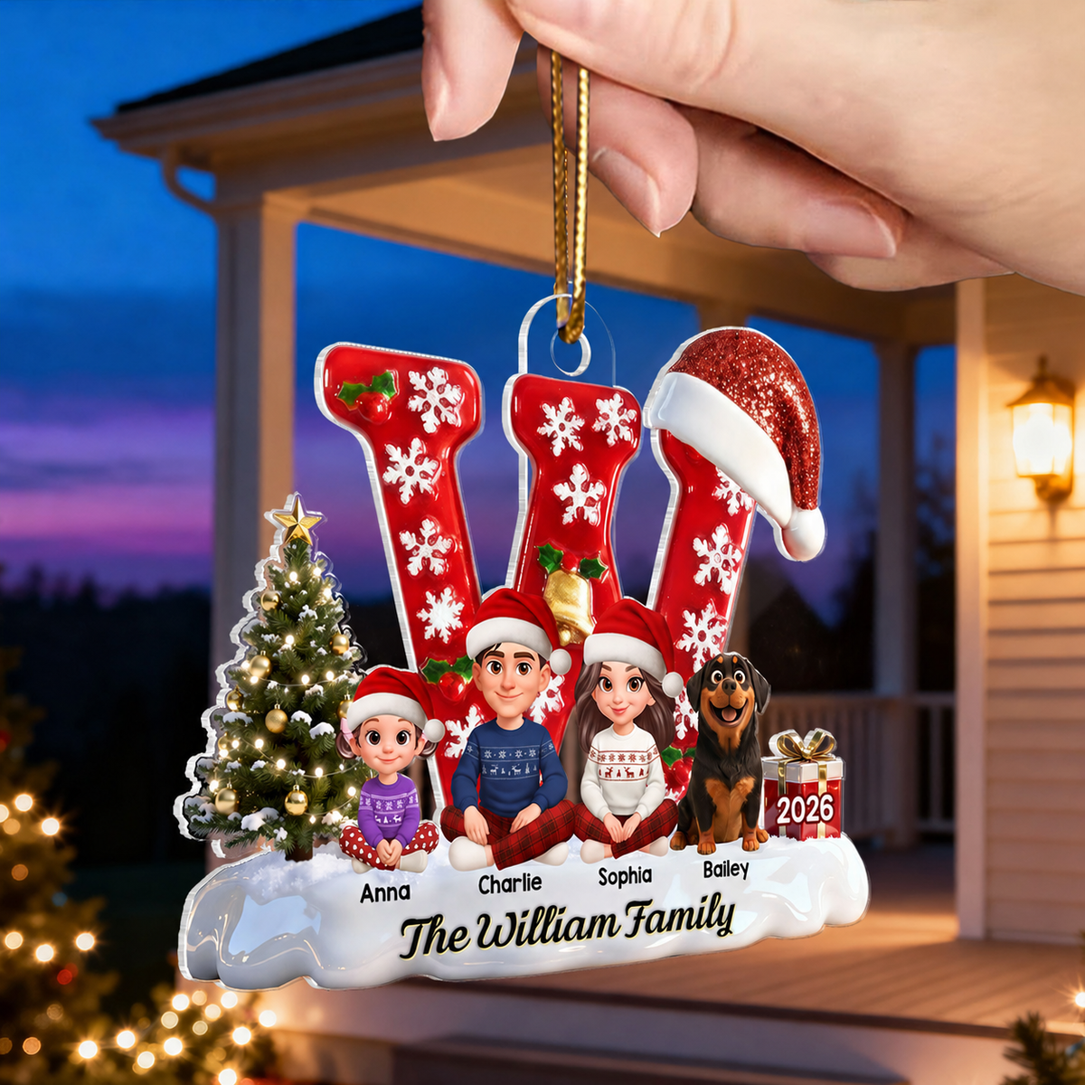 3D Effect Christmas Festive Family Name Initial Beautiful Family Together - Personalized Acrylic Ornament - Gift For Family