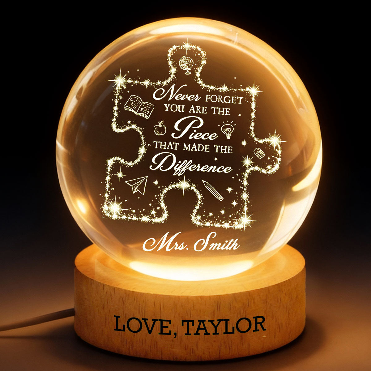 Never Forget The Difference You Make - Personalized Crystal Ball LED Night Light - Thank You Gift for Teacher, Teacher Appreciation Week Gift