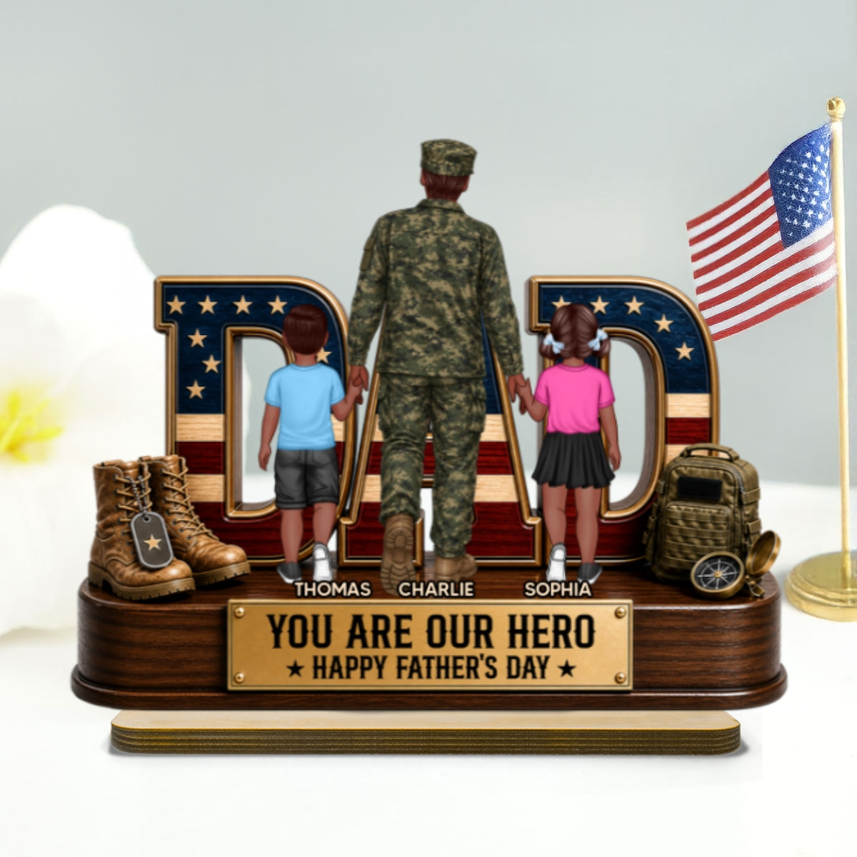 Nation Flag Military Dad You Are Our Hero - Personalized 2-Layered Wooden Plaque -  Gift For Dad, Husband