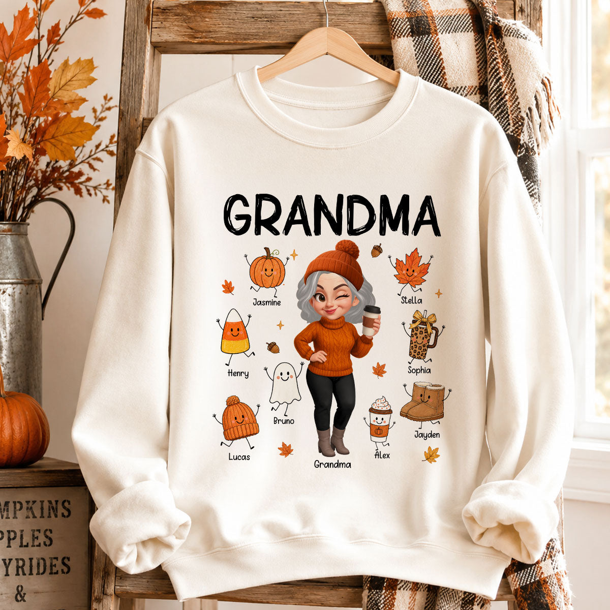 Fall Season Grandma Custom Grandkids Doodle Fall Symbols - Personalized Shirt - Fall Gift For Grandma
