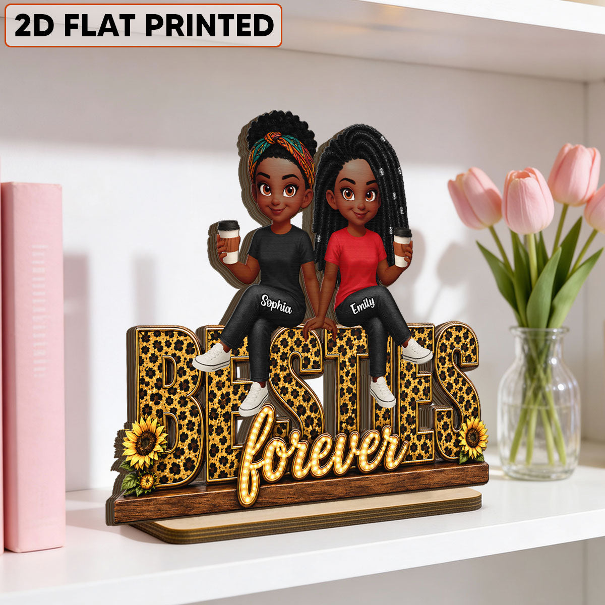 Leopard Style Besties Forever - Personalized 2-Layered Wooden Plaque - Birthday Gift, Gift For Best Friends